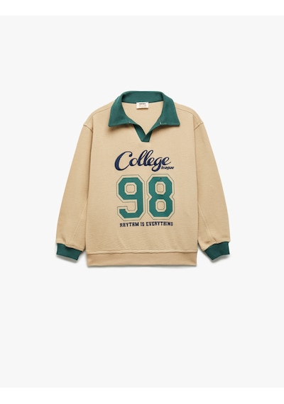 Koton Pamuklu Uzun Kollu Kolej Nakışlı Polo Yaka Sweatshirt Bej 6wkb10151tk Ekru