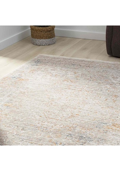 Açık Bej Gri Turuncu Detaylı Soyut Eskitme Halı Dk10205bp