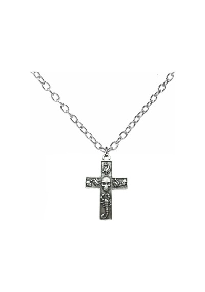 Kurukafa Figürlü Gotik Haç Tasarımlı Unisex Kolye 60 Cm Zincirli, Metal Alternatif Tarz Takı Çok renkli