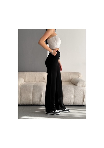 Winmoda34 Kadın Trend Bol Paça Modal Kumaş Eşofman Altı Çift Cepli Wide Leg Siyah