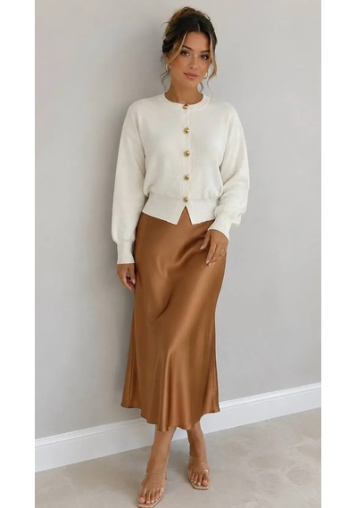 Park Karon Kadın Gold Metal Düğmeli Triko Hırka Balon Kol Crop Premium Ceket 12525 Kemik