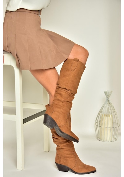 Fox Shoes T404401002 Taba Süet Büzgülü Kadın Çizme Taba-Süet