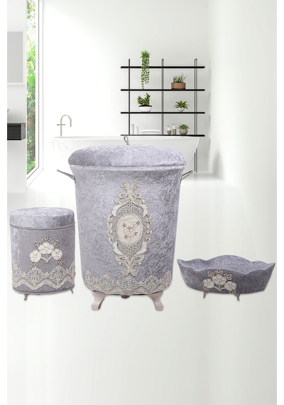 Lisa Gri 3lü 3'lü Çeyizlik Banyo Kirli Çamaşır Sepeti Seti Gri