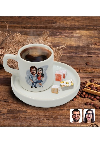 Kişiye Özel Sunum Tabaklı Sevgililer Karikatürlü Türk Kahvesi Fincanı Model 105