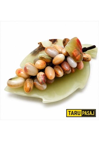 Doğal Oniks Taş Yaprak Tabak & 30 Taneli Üzüm Salkımı Feng Shui Dekor Objesi Kahverengi