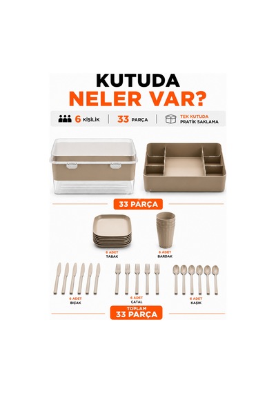 6 Kişilik 33 Parça Piknik Seti Saklama Kutulu Bpa Free Kamp Ve Seyahat Yemek Seti Bej