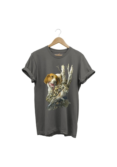 Avcılık Avcı Köpeği Ve Tavşan Baskılı Orman Temalı %100 Pamuk Regular Fit Gri T-shirt Antrasit