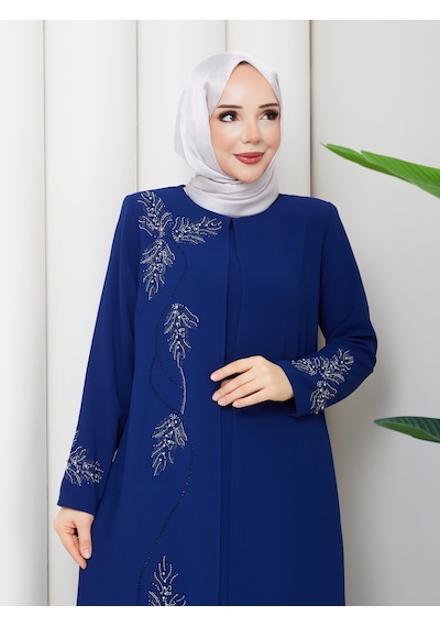 Eslemnur Büyük Beden Yaprak Taşlı Anne Elbisesi En7008 Saks Mavi