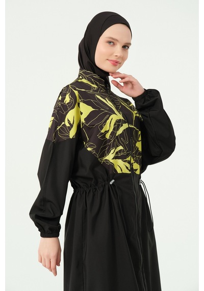 Alfasa Soft Desenli Oversize Uzun Tesettür Mayo Siyah