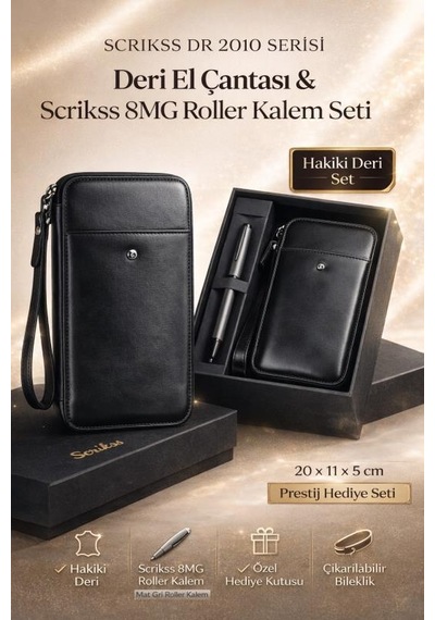 Scrikss Dr 2010-s1 Hakiki Deri El Çantası Siyah & Metropolis 78mg Mat Gri Roller Kalem Seti Siyah