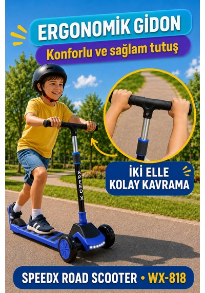 Mavi Işıklı Müzikli Speedx Road Scooter Wx-818 3 Tekerlekli Çocuk Scooterı Geniş Dokulu Taban