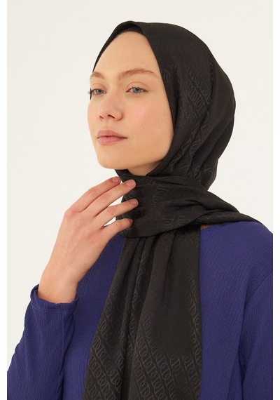 Mirsoy Scarf Halka Desen Parlak Jakar Şal - Siyah Siyah