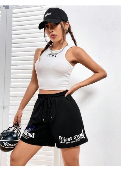Coolane Butterfly & Letter Graphic Drawstring Waist Şort Siyah