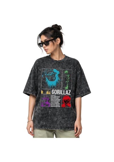 Gorillaz Rock Metal Müzik Grubu Ön Baskılı Unisex Oversize Eskitm Siyah