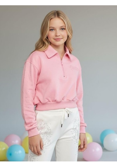 Kız Çocuk Yakası Fermuarlı Kolları Taş İşlemeli Tasarım Sweatshirt-16531 Pembe