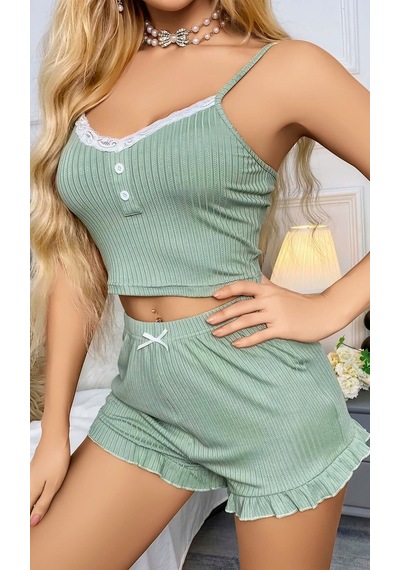 Kadın Yeşil Dantel Detaylı Şortlu Gecelik Pijama Takımı 5014