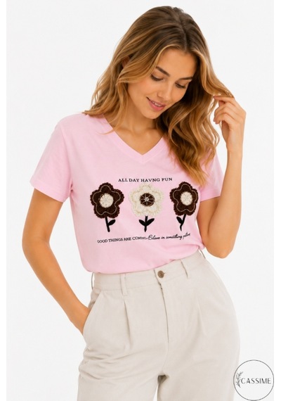 Cassime Kadın Pembe %100 Pamuk Regular/normal Kalıp Çiçek Nakışlı Örme T-shirt