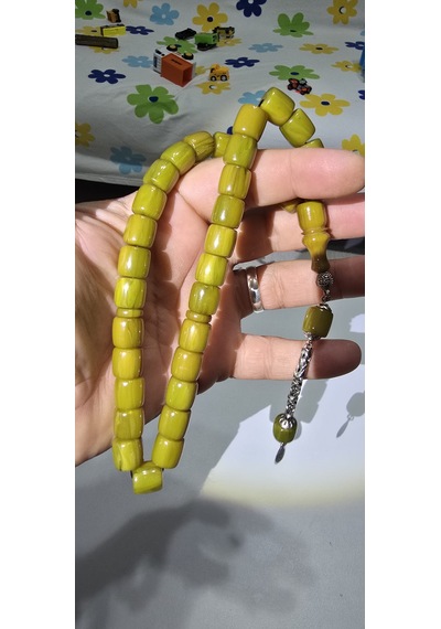 Kanayan Baga , Fıçı Kesim Sıkma Kehribar Tesbih ,12x12 Mm Yeşil