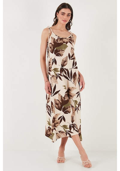 Lela Desenli Oversize Fit Bağlamalı Ip Askılı Yuvarlak Yaka Midi Boy Bayan Elbise 5869022 Camel