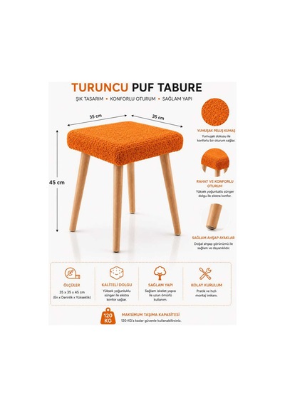 Alba Puf Makyaz Masası Pufu Sandalyesi Dekoratik Teddy Kumaş Kaplı Ahşap Ayaklı Puf Kare Turuncu Turuncu