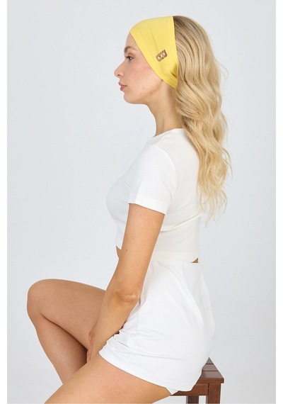 Beyaz Kısa Kol Bisiklet Yaka Vücuda Oturan Kaşkorse Crop + Bandana Set %100 Pamumklu, Esnek Rahat Sarı