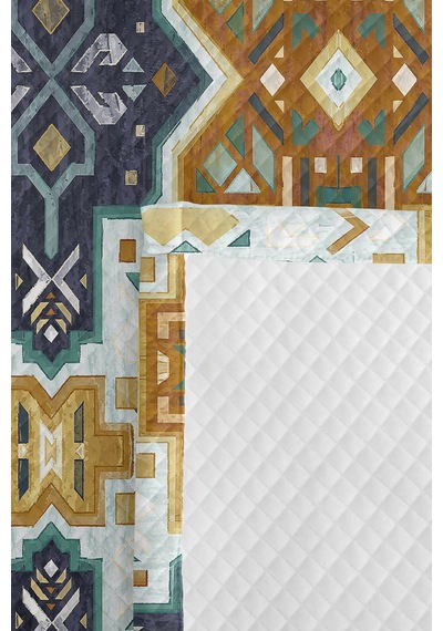 Turkuaz Etnik Geometrik Tek Kişilik Pike Takımı - Bohem Hardal Lacivert 160x220 Cm Yatak Örtüsü Naif Kervan Sessizliği