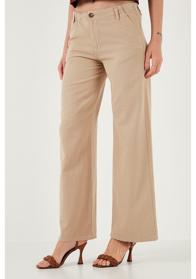 Lela Pamuklu Standart Fit Yüksek Bel Geniş Paça Bayan Pantolon 668Yp5193 Camel