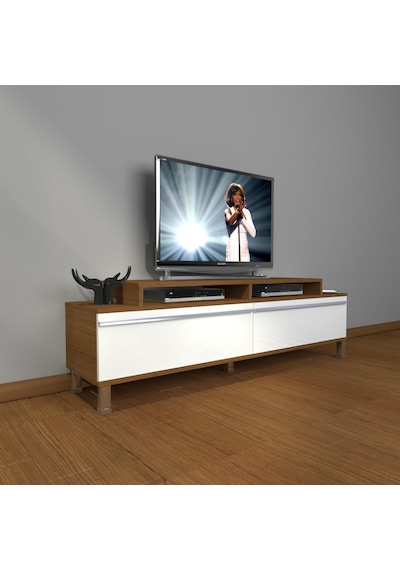 Decoraktiv Ekoflex 4 Mdf Krom Ayaklı Tv Ünitesi Tv Sehpası Ceviz - Beyaz