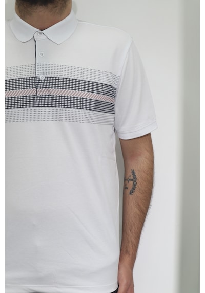 Santa Dmctekstil Erkek Desenli Spor Kesim Rahat Kalıp Polo Yaka Düğme Kapamalı T-shirt Beyaz