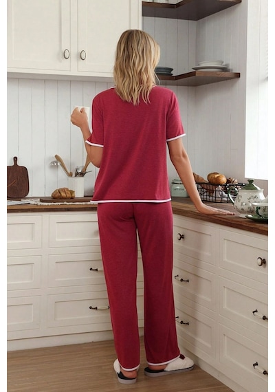 Bella Notte Bordo Düğme Ve Kalp Detaylı Kısa Kollu Pijama Takımı