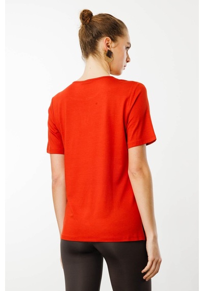 Kadın Açma Yaka Nakış İşlemeli Penye T-shirt Oranj Turuncu