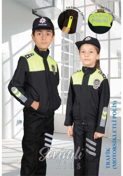 Sevimli Kids Unisex Çocuk Siyah Trafik Polisi Kostümü Siyah