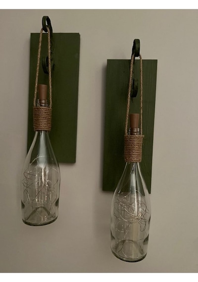 Tıpa Peri Led Işıklı Koyu Yeşil Ahşap Cam Şampanya Şişesi Duvar A Çok Renkli