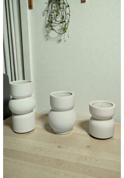 3lü Tealight Mumluk Seti - Dekoratif Beton Mumluk - Mumlar Dahildir Beyaz