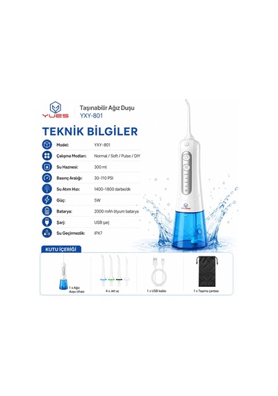 Yues Yxy-801 Şarjlı Ağız Duşu Ve Oral İrrigatör, 300 Ml Su Haznes
