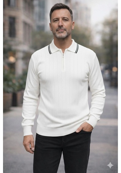 Bigümex Erkek Çizgili Polo Yaka Fermuarlı Sweatshirt Beyaz