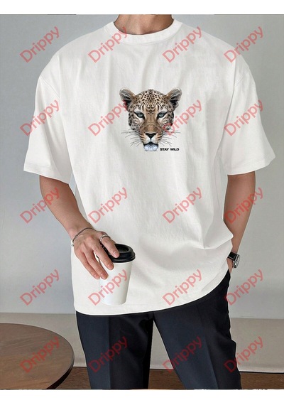 Flood Of Style Leopar Stay Wild Baskılı Oversize Unisex Yıkamalı Tshirt Beyaz