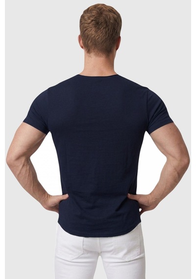 Deepsea Erkek Lacivert Geniş Yaka Likralı Tişört Oval Yaka Slim Fit Eteği Oval Açık Yaka T-shirt 1801199 Lacivert