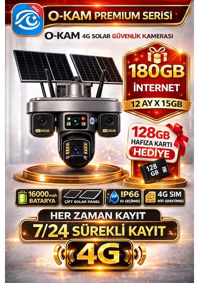 O-kam Ok335 Premium Serisi 12mp 4 Kameralı 4g Çift Solar Panel Gece Görüş 180gb 12ayx15gb İnternet +128gb Hafıza Akıllı Kamera