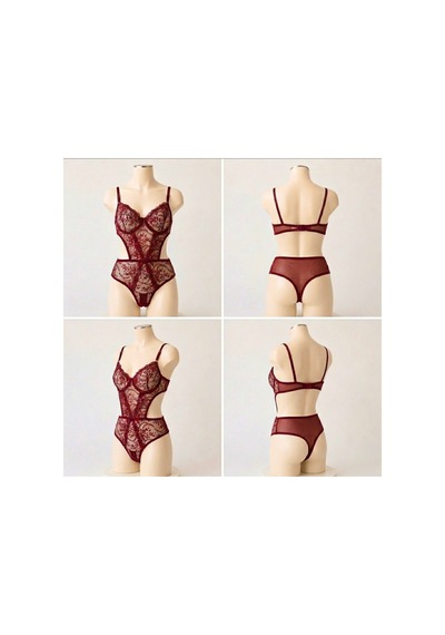 Arona Çiçek Desenli Dantelli Bordo Transparan Bodysuit Bordo - 889407047 Bordo