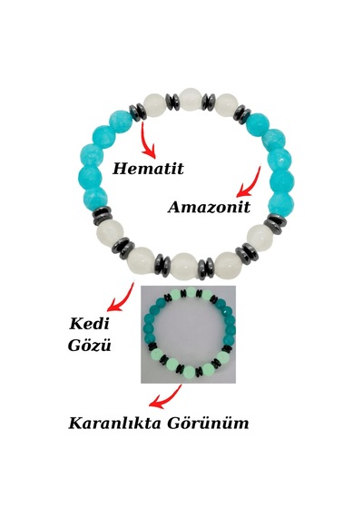 Gümüştel El Sanatları Sertifikalı Amazonit Kedi Gözü Hematit Doğal Taş Bileklik Karanlıkta Işık Saçar Çok Renkli