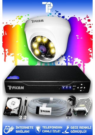 Picam 1 Kameralı Dome 1 İç Kamera Set 320 GB HDD Full HD Renkli Gece Görüşlü Güvenlik Kamerası Sistemi