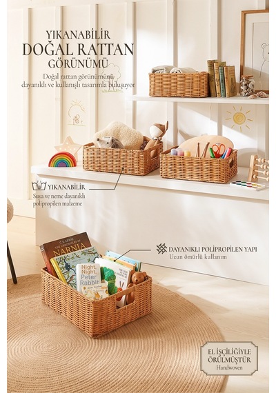 Ocean Home Textile 4'lü Çocuk Odası Yıkanabilir Bej Pp Rattan Sepet Set 30 X 20 X 11 / 33 X 23 X 11 / 36 X 26 X 12 / 39 X 29 X 13 Cm