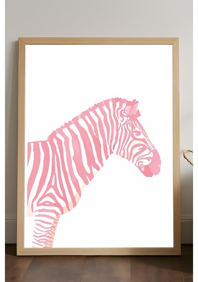 Pembe Zebra Doğal Ahşap Çerçeveli Poster, Dekoratif Hayvan Duvar Tablosu