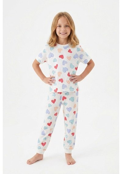 Alkın Kids 3-13 Yaş Kız Çocuk Kalp Desenli %100 Pamuklu Kısa Kollu Pijama Takımı Beyaz