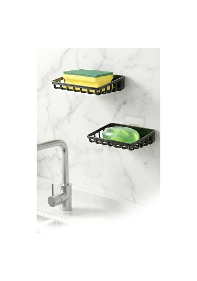 2'li Set Yapışkanlı Banyo Sabunluk, Katı Sabun Tutacağı, Lavabo Mutfak Katı Sabunluk Süngerlik Siyah Siyah