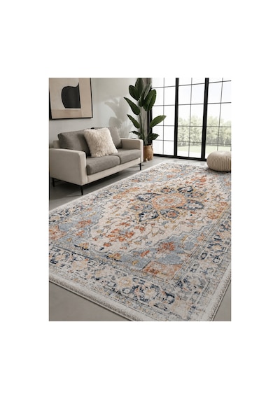 Modern Vintage Desenli Krem Salon Halısı Klasik Dekoratif Oturma Odası Halısı Krem