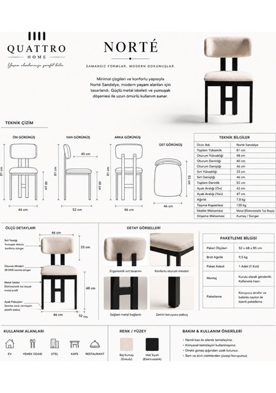 Norté Bej Kumaşlı Siyah Metal Ayaklı Modern Yemek Sandalyesi Açık Ahşap