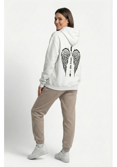Nevermind Unisex His Angel & Her Guardian Baskılı Sevgili Kombini Hoodie Se Beyaz