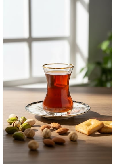 6 Kişilik Çizgili Desen Porselen Altın Yaldızlı Çay Takımı 12 Parça Beyaz
